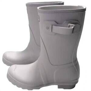 NEW HUNTER BELL women's originals short slip on rubber rain boots in grey white